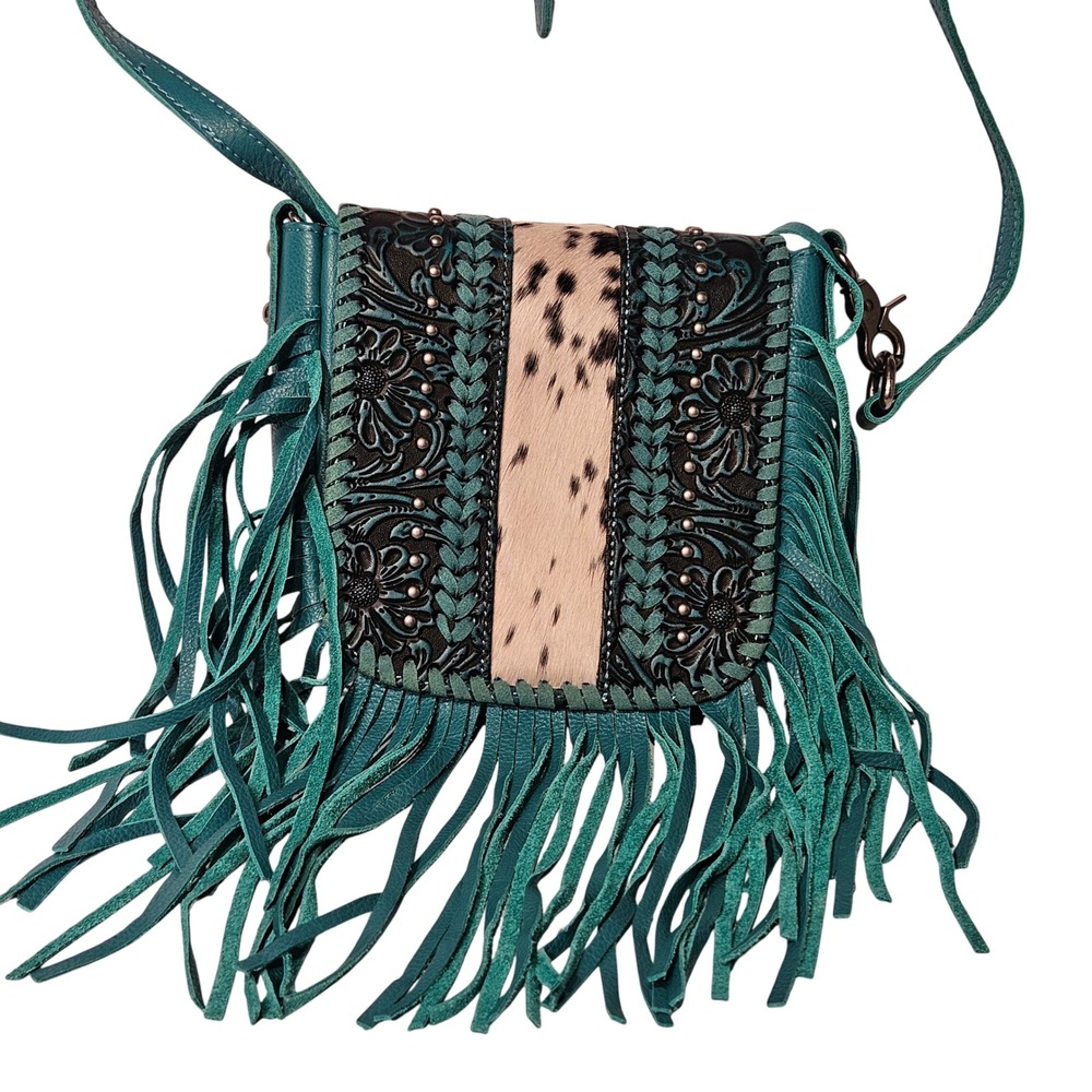 Montana West Crossbody Bag Small Teal Tooled Leather Cowhide Fringe Western
